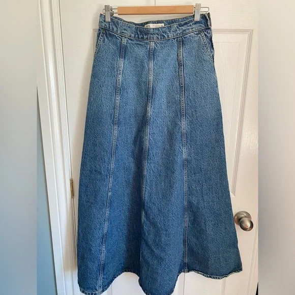 Zara The Denim Boho Signature High Waist Panel Side Zip A Line Maxi Skirt M - Picture 2 of 11